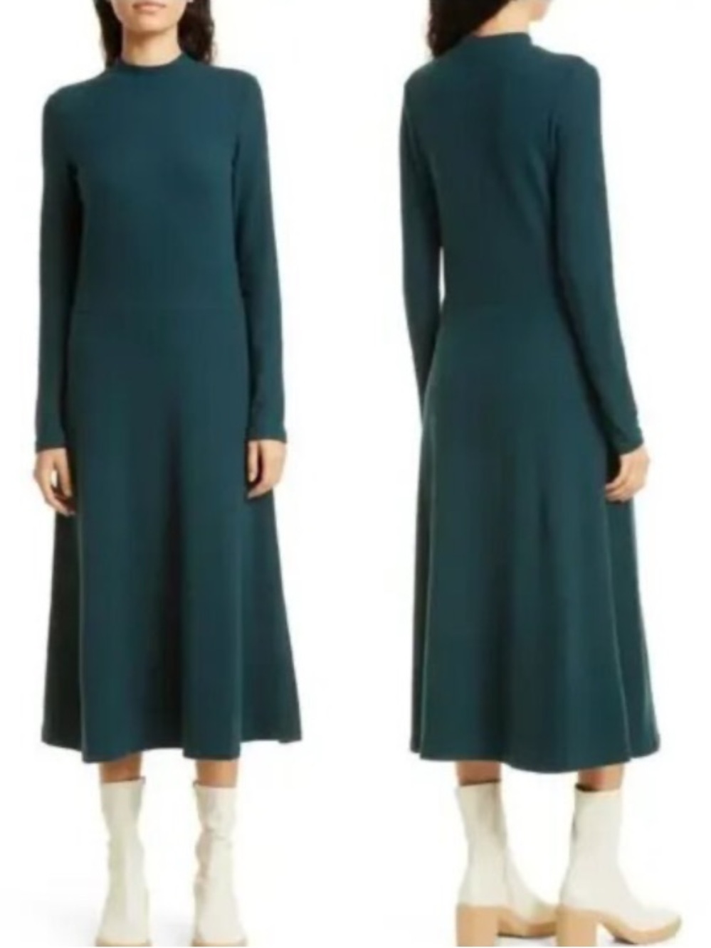 VINCE long sleeve mock neck a-line midi dress cotton blend dark green sz s